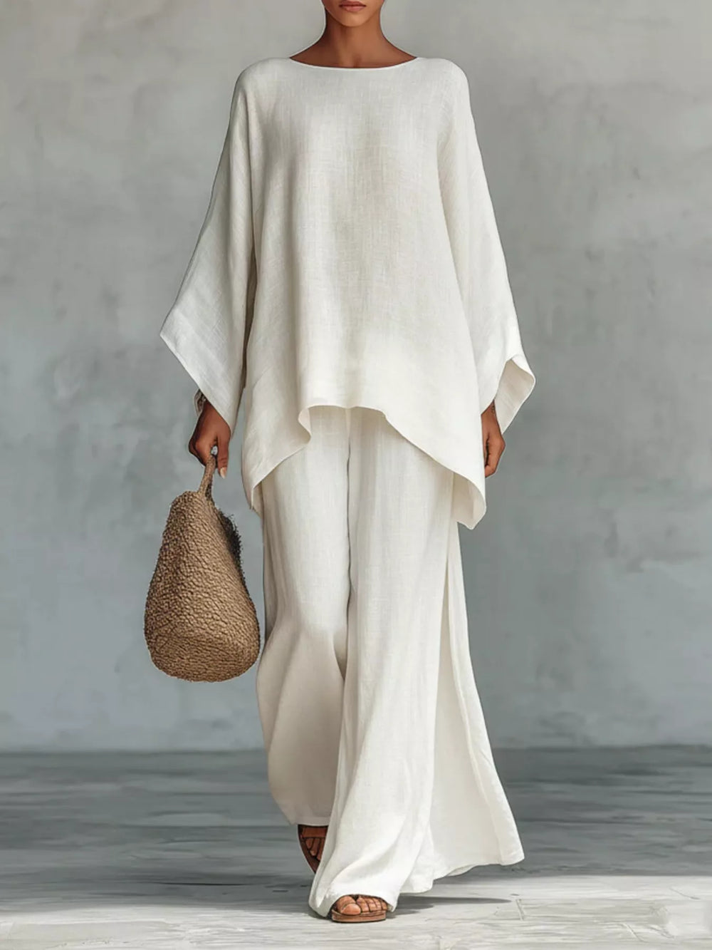 Solid Color Long Sleeve Top and Wide Leg Pants Set