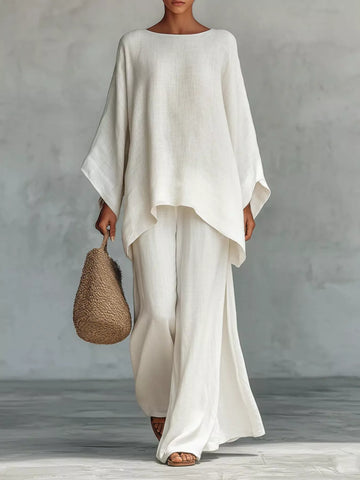 Solid Color Long Sleeve Top and Wide Leg Pants Set