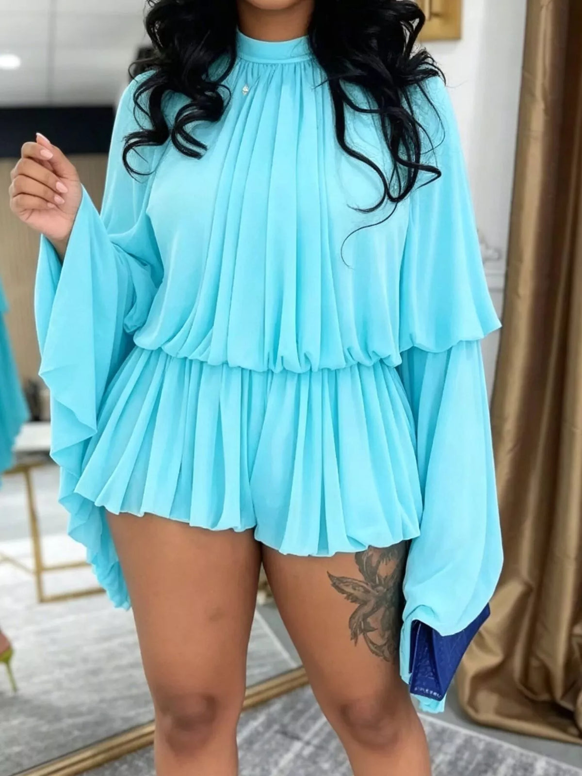 Pleated Long-Sleeve Top & Skirt Set