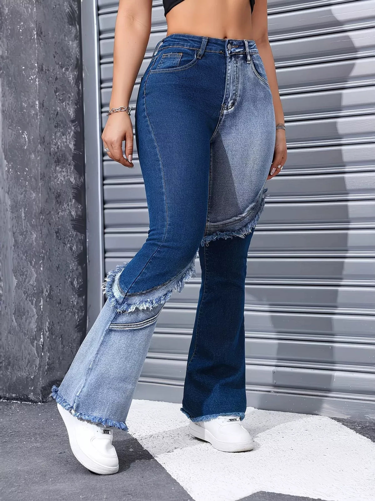 Two-Tone Frayed-Hem Flare Jeans