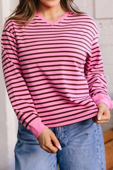 Stripe V Neck Drop Shoulder Long Sleeve Top