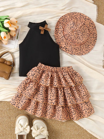 Children's Halter Top and Leopard Print Ruffled Skirt Set with Hat