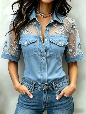 Full Size Denim Look Lace Short Sleeve Shirt Plus Size