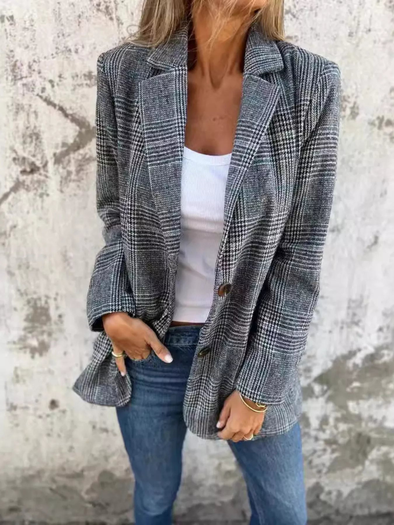 Full Size Plaid Single-Breasted Long Sleeve Blazer Plus Size selected from Blazer Muse for The Blazer Effect: Structure, Ease, and Instant Polish