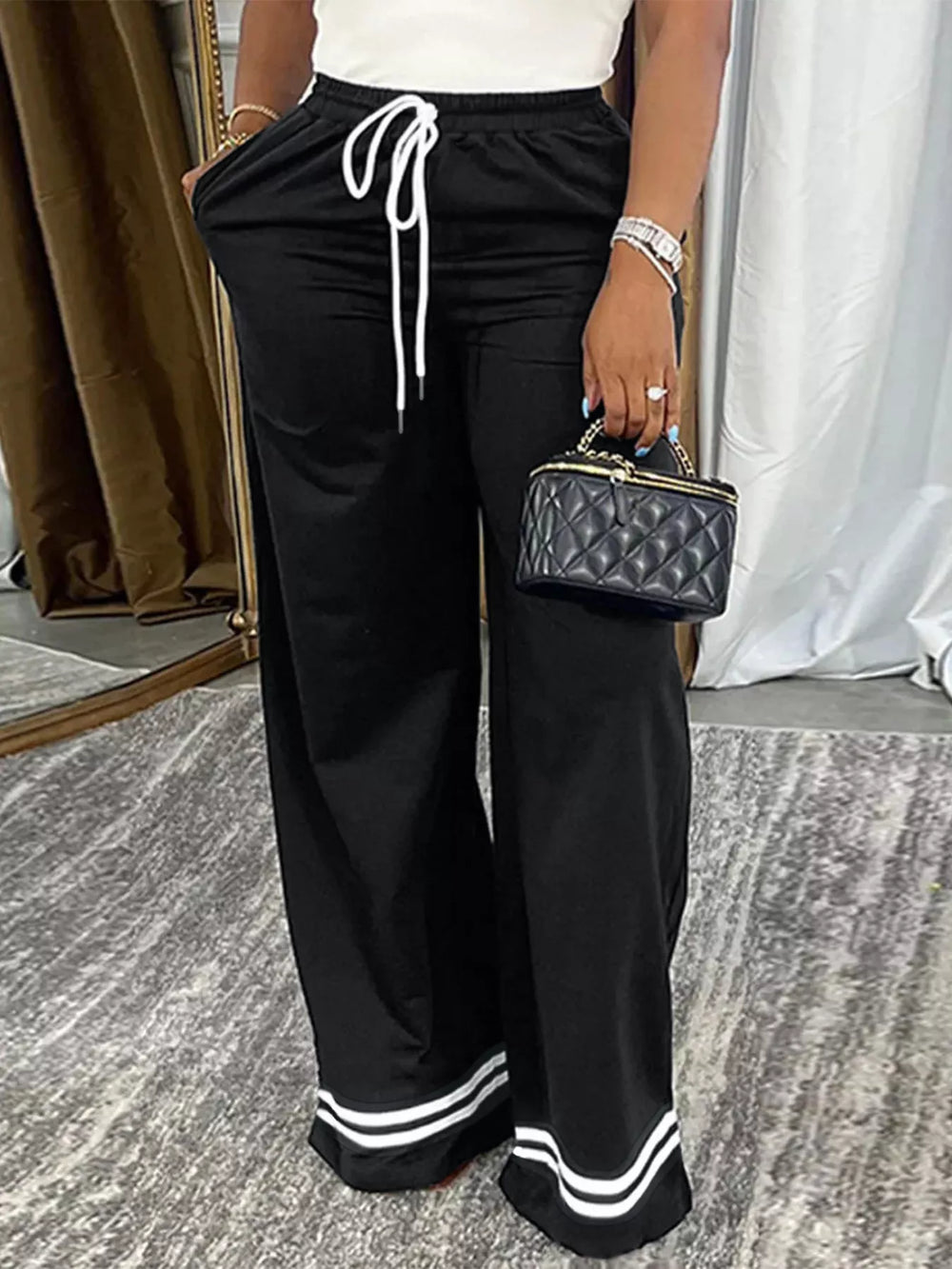 Wide-Leg Drawstring Pants with Striped Hem