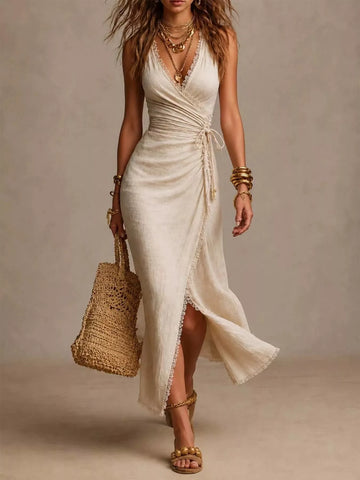 Lace-Trimmed Slit Wrap Midi Dress