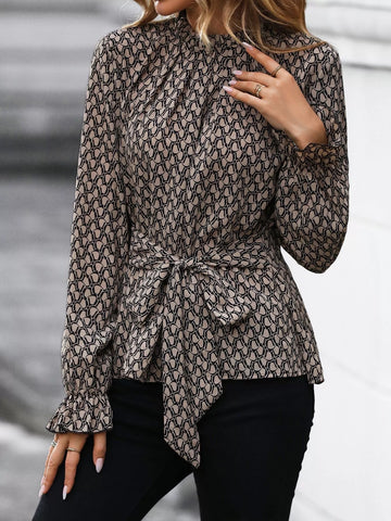 Printed Tie Waist Flounce Sleeve Blouse