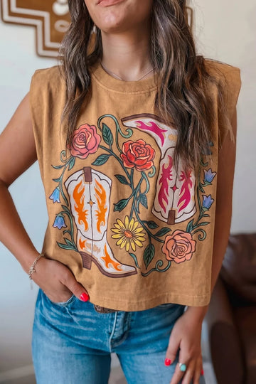 Western Boots Flower Printed Sleeveless Loose Tank Top