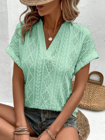 Openwork Notched Short Sleeve Blouse