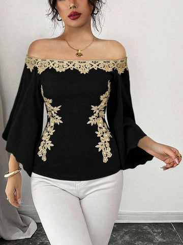 Off Shoulder Embroidered Bell Sleeve Top