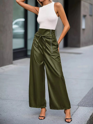 High-Waisted Faux Leather Wide-Leg Pants with Tie-Waist and Zipper Detail