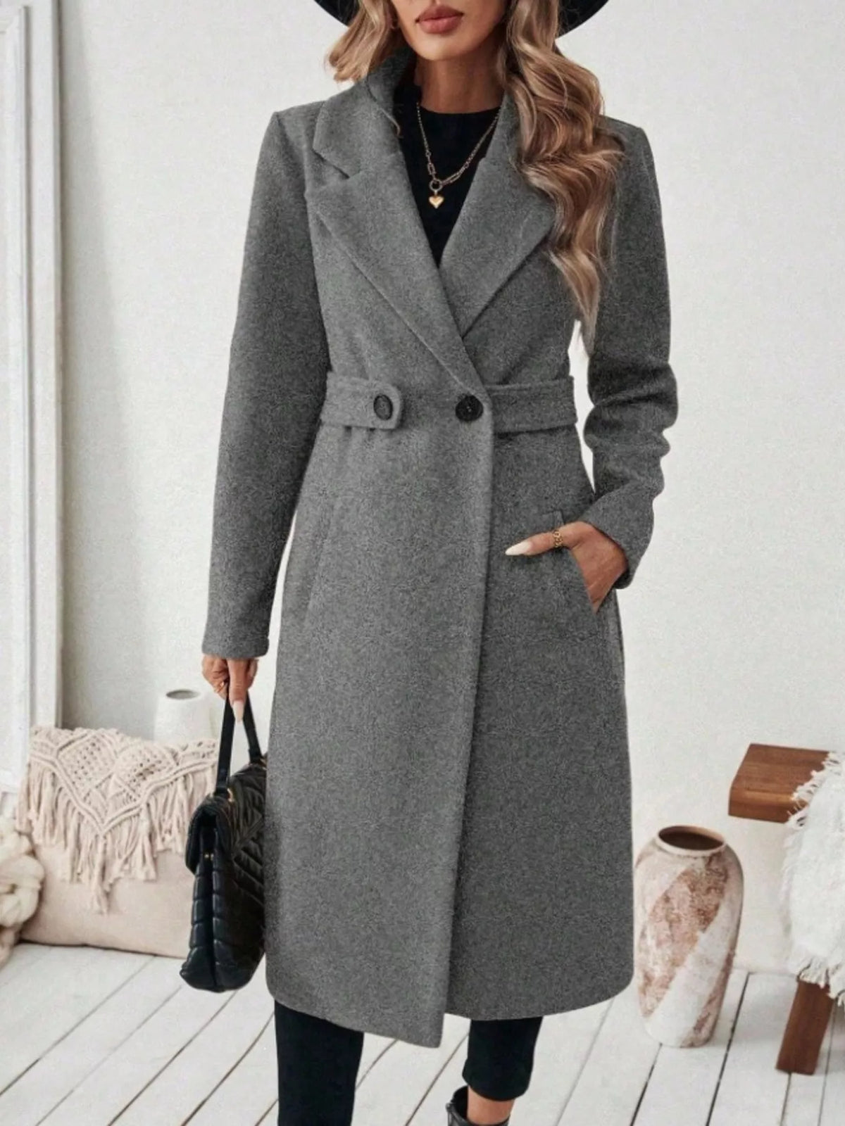 Full Size Elegant Lapel Collar Belted Coat with Pockets Plus Size