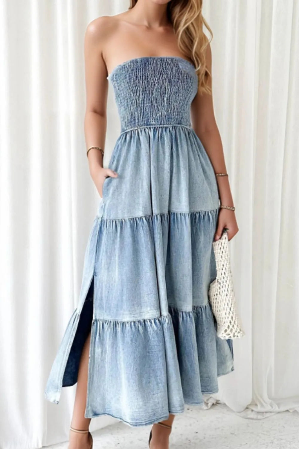 Smocked Strapless Tiered Denim Dress