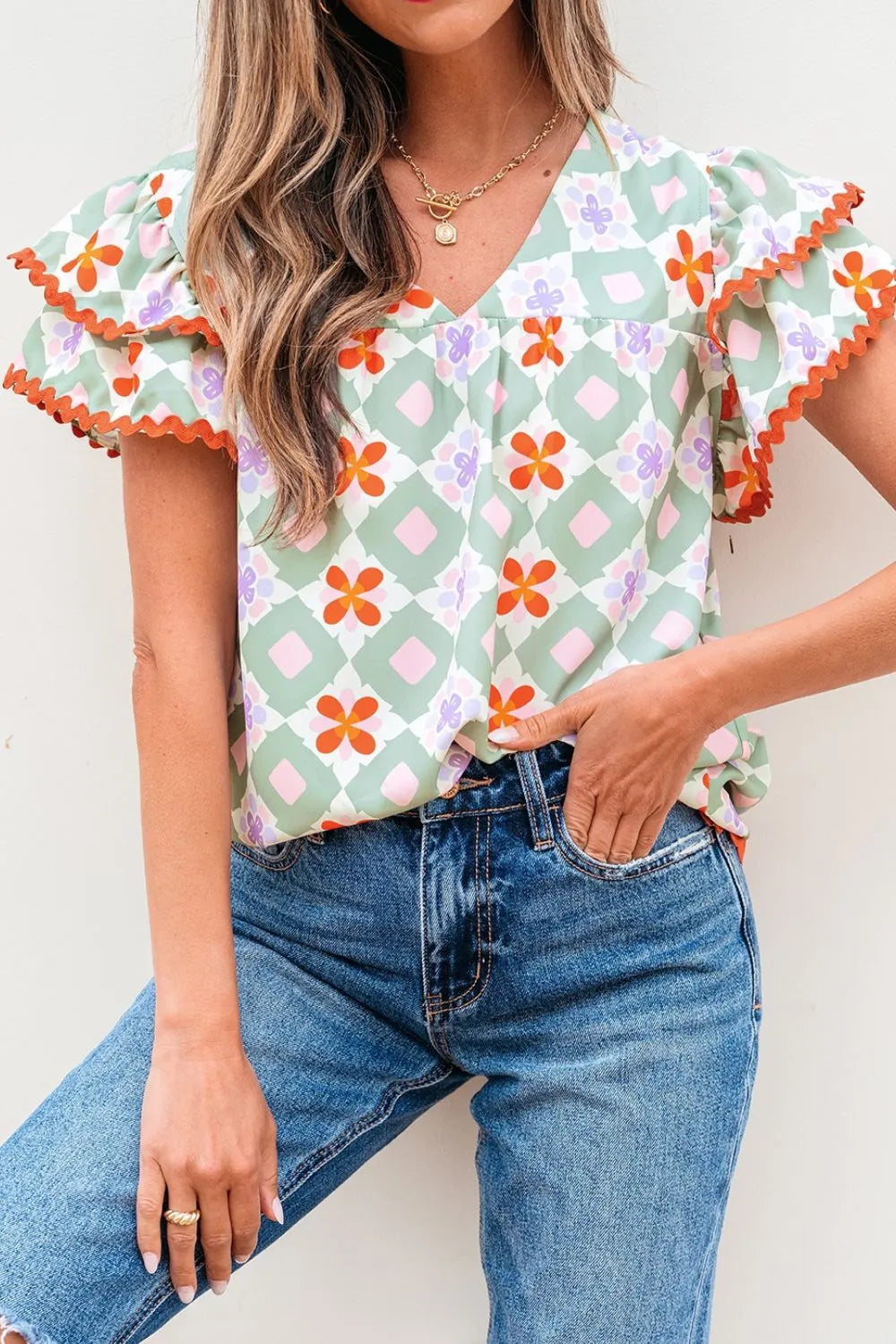 Floral Print V neck Flutter Sleeve Blouse