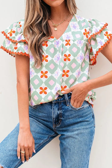 Floral Print V neck Flutter Sleeve Blouse
