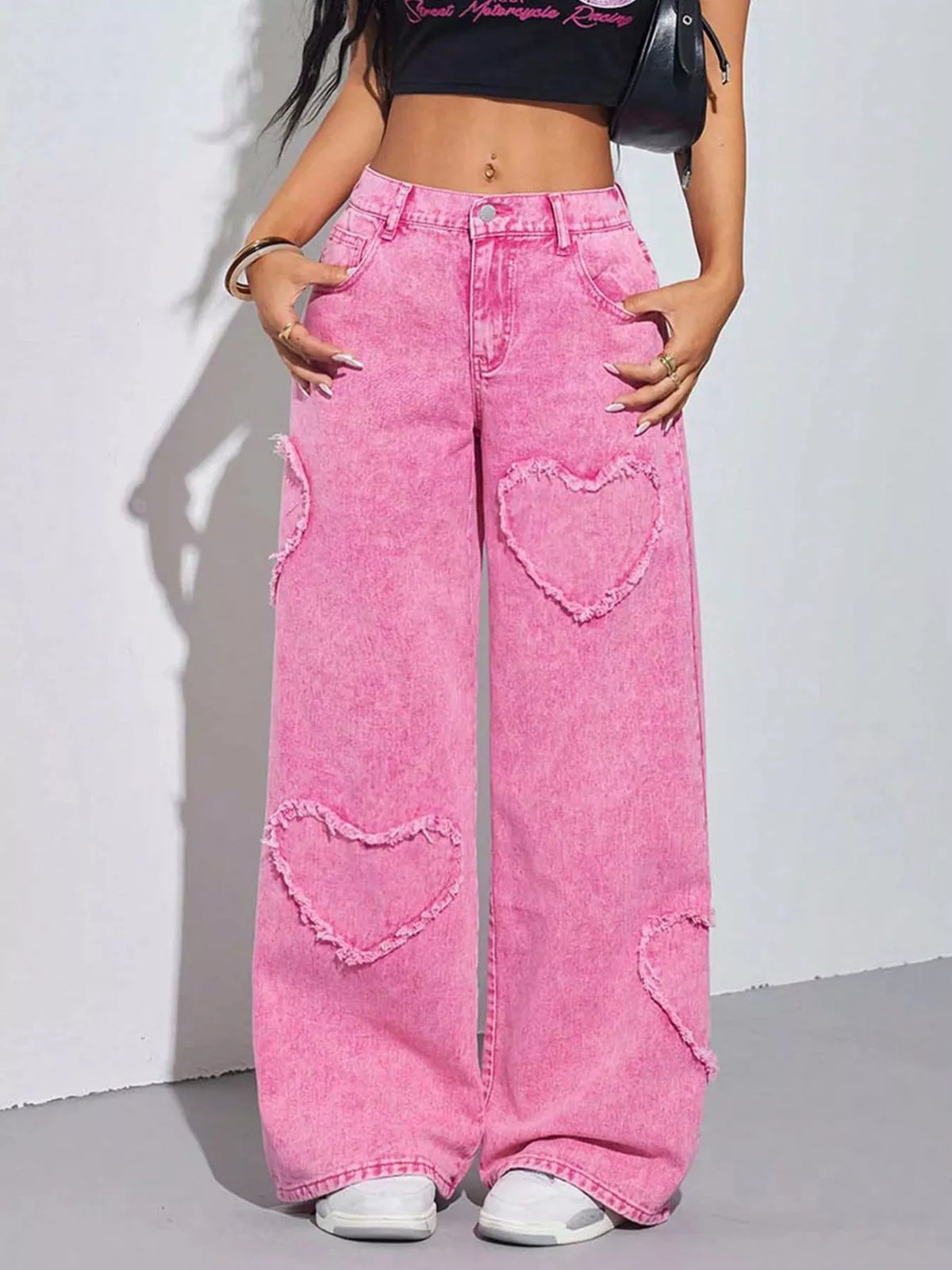 Heart Applique Wide-Leg Jeans