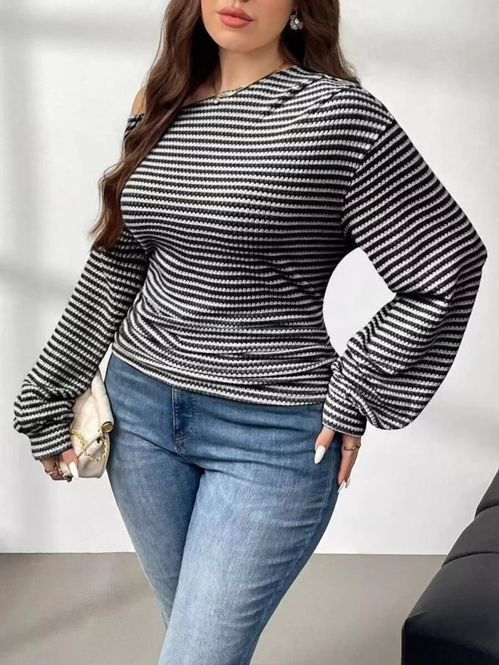 Plus Size Striped One Shoulder Long Sleeve T-Shirt
