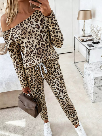 Leopard Print One Shoulder Top and Pants Set
