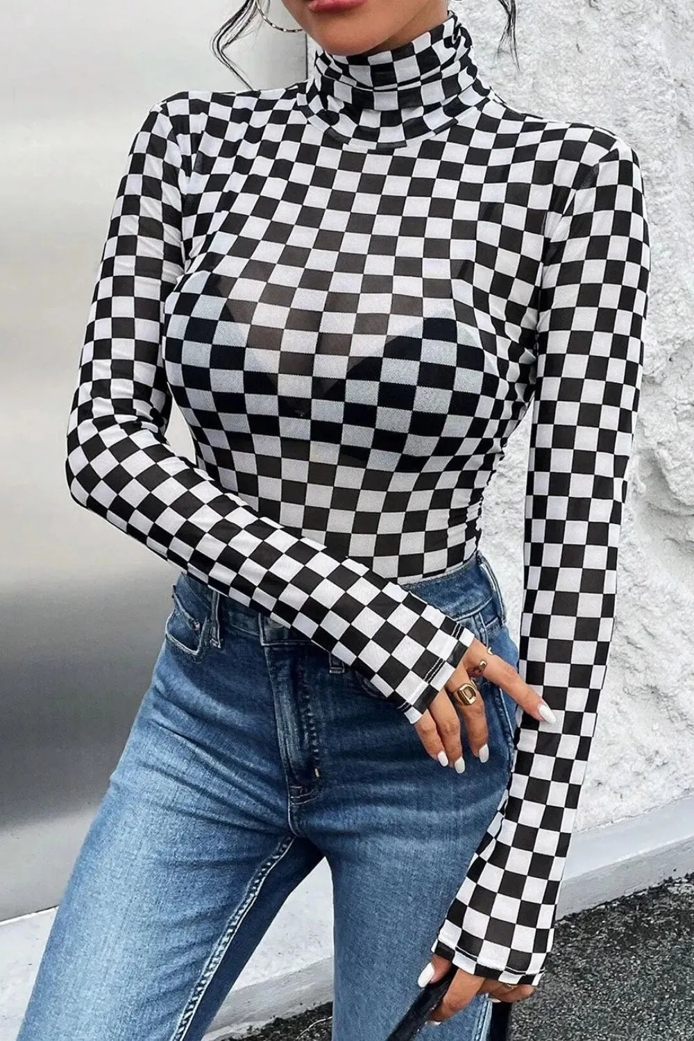 Checkered Turtleneck Bodysuit