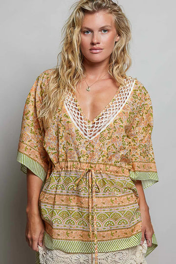 POL Block Print Floral Tie Front Boho Blouse