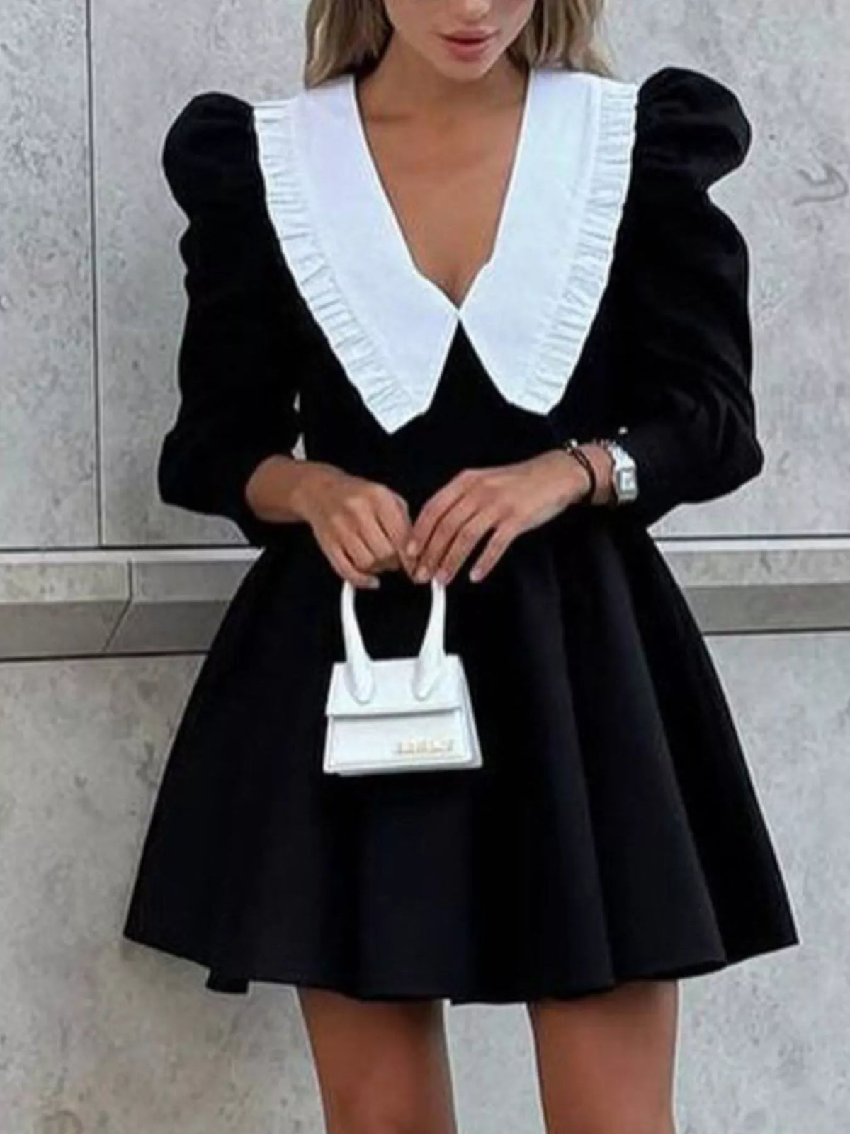 Puff-Sleeve Contrast-Collar Dress