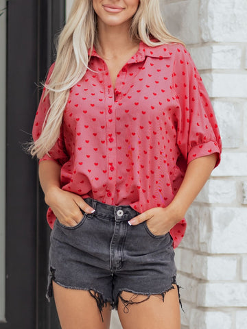 Heart Print Button-Down Shirt