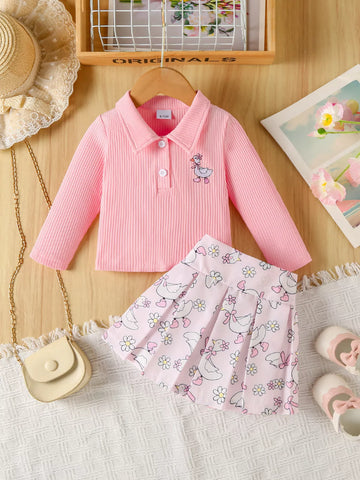 Children's Embroidered Ribbed Polo Shirt & Pleated Skirt Set