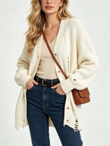 Full Size Distressed Oversized V-Neck Button-Down Cardigan Plus Size