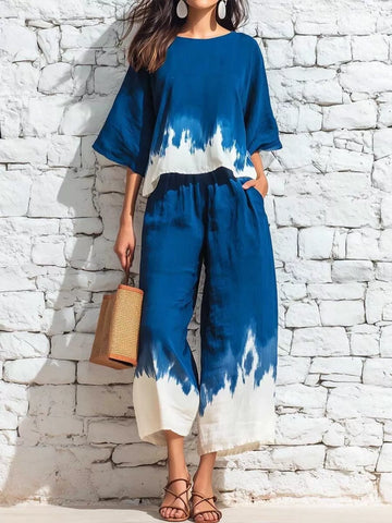 Full Size Tie-Dye Casual Loose Fit Top and Capris Set Plus Size