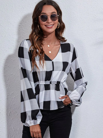 Ruched Printed V Neck Long Sleeve Blouse