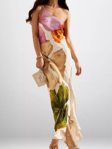 Full Size Floral Print One Shoulder Maxi Dress Plus Size