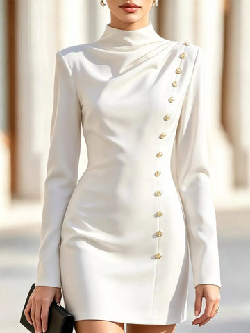 Mock Neck Long-Sleeve Bodycon Dress with Gold-Tone Button Detailing