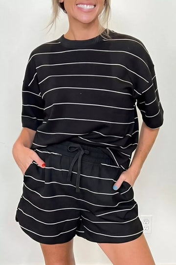 Striped Round Neck Top & Drawstring Shorts Set