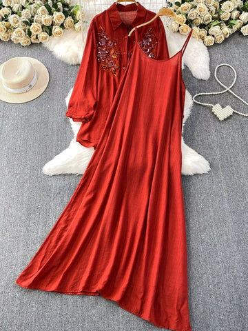 Sequin Flower Button Up Shirt and Cami Dress Set
