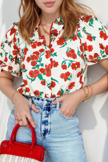 Printed V Neck Short Sleeve Shirt
