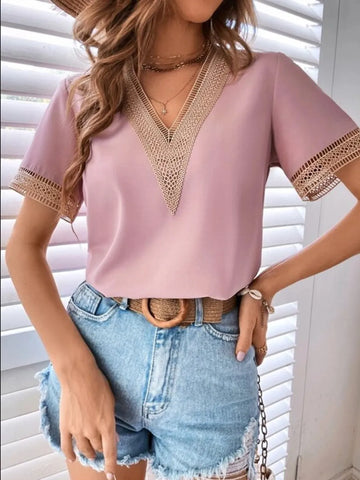 Full Size Contrast V Neck Short Sleeve Blouse Plus Size