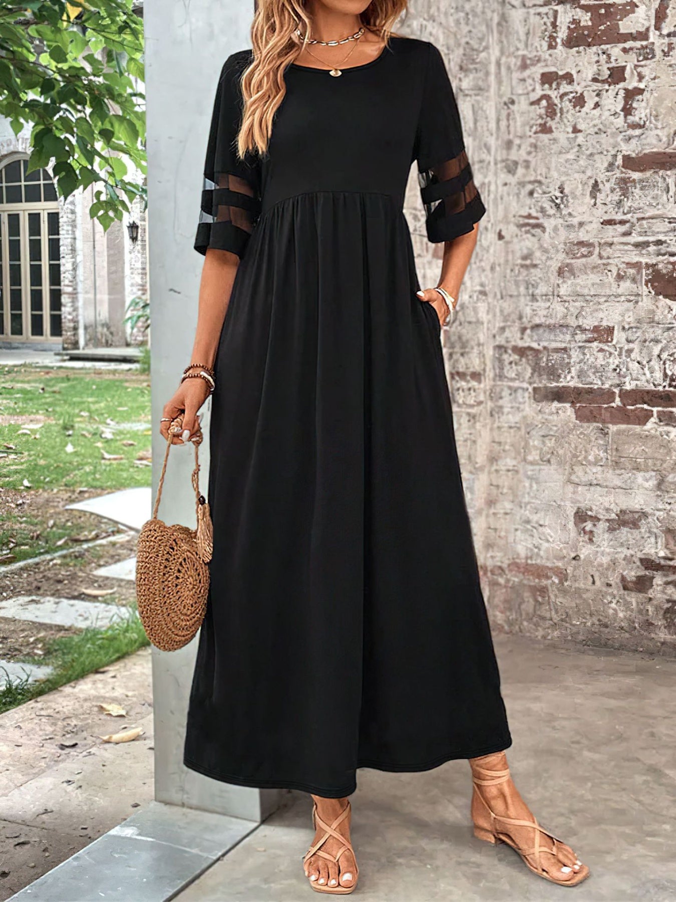 Plus Size Mesh Sleeve Round Neck Dress with Pockets selected from Dress Desire for Dress Desire: One Piece, Full Presence