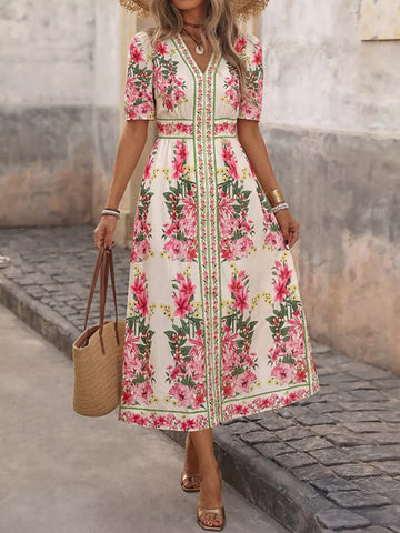 Floral Print V-Neck Midi Dress