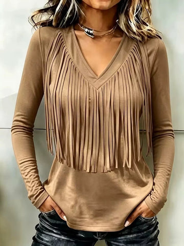 Fringe V-Neck Long Sleeve T-Shirt