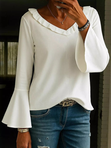 Ruffle V Neck Bell Sleeve Blouse