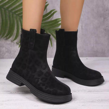Leopard Round Toe Block Heels Boots