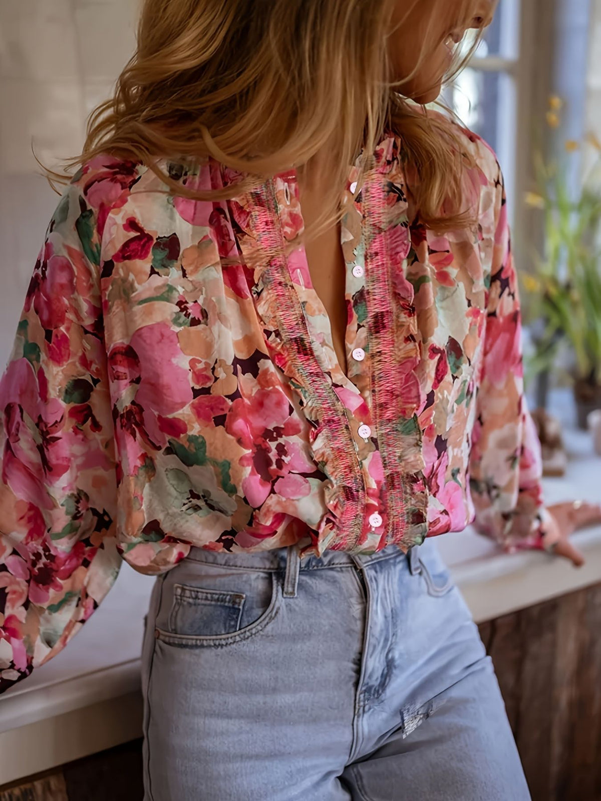 Floral Print Frill Trim Shirt