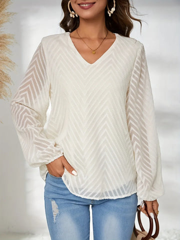 Textured V Neck Balloon Sleeve Blouse