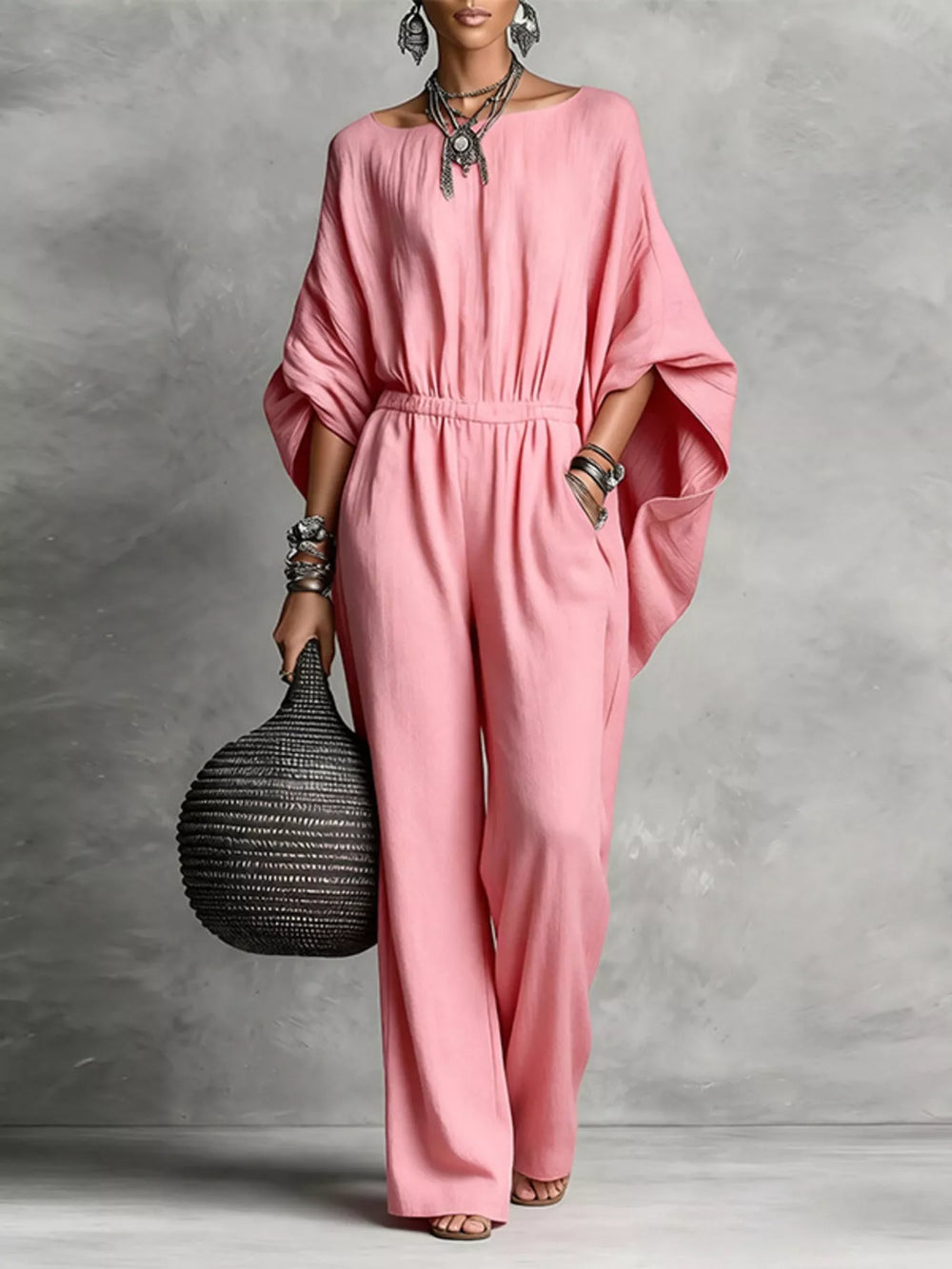 Full Size Boat Neck Batwing Sleeve Wide-Leg Jumpsuit Plus Size