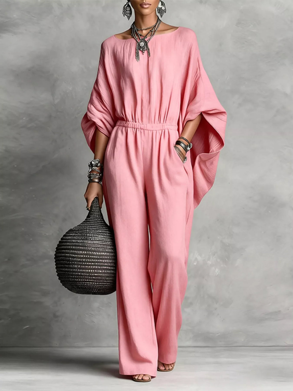 Full Size Boat Neck Batwing Sleeve Wide-Leg Jumpsuit Plus Size