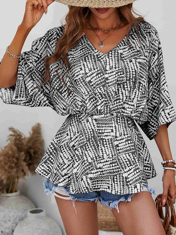 Printed V Neck Dolman Sleeve Blouse