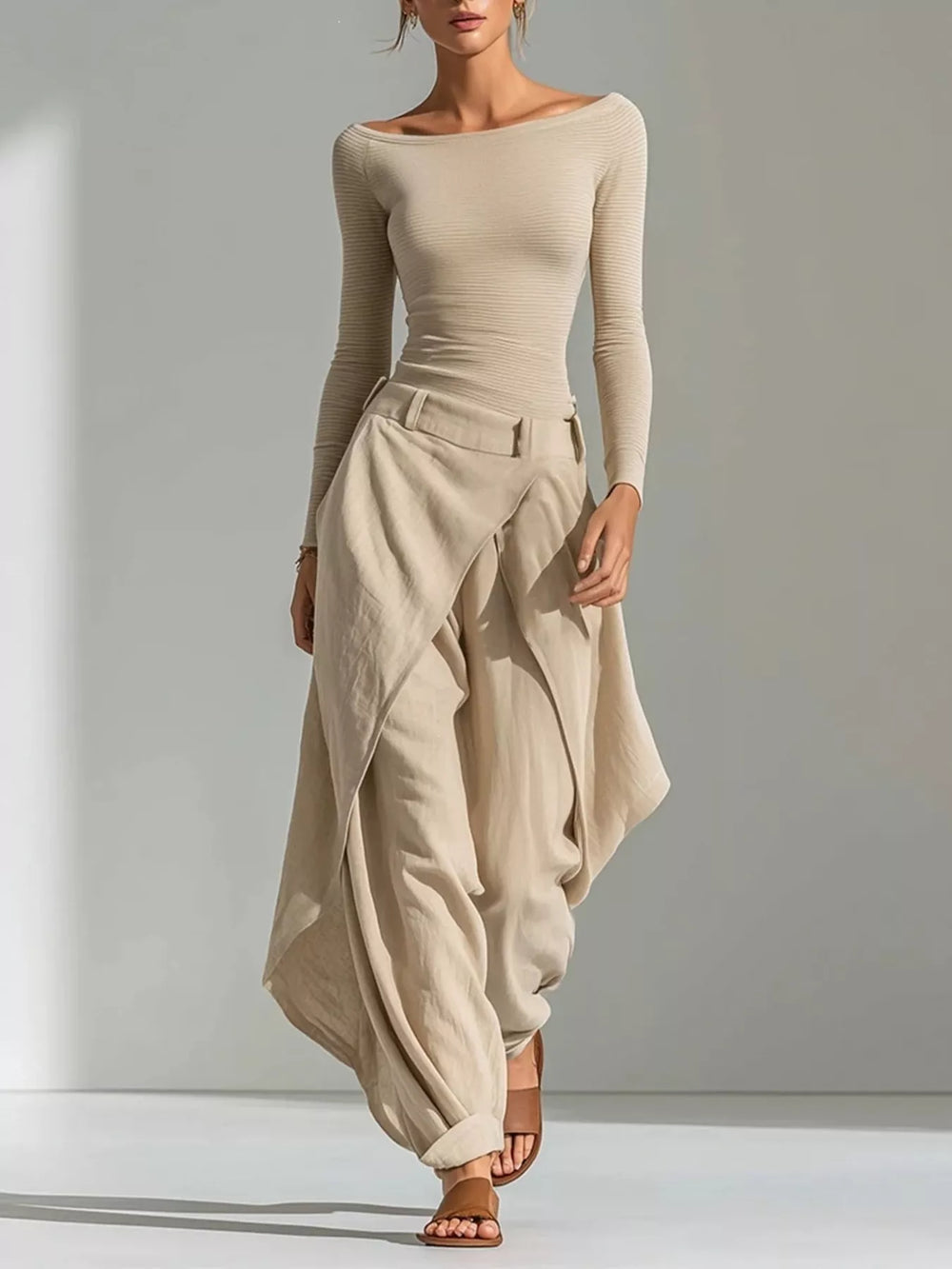 Boat Neck Long Sleeve Top and Wrap-Front Wide Leg Pant Set