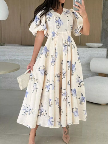 Floral Puff Sleeve Midi Dress