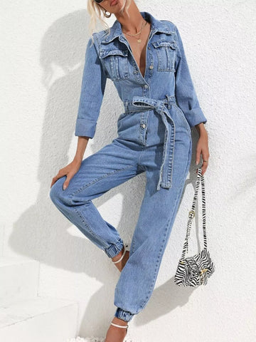 Long Sleeve Button-Up Denim Jumpsuit with Belted Waist and Elastic Cuffs