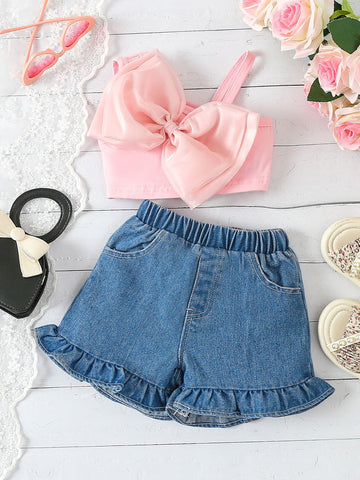 Children's Bowknot Decor Top & Ruffle Hem Denim Shorts Set